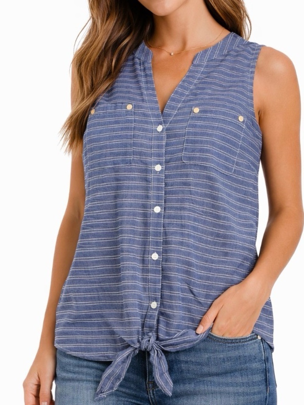 Anne Klein blue & white striped 100% cotton sleeveless button up knot tie SZ S